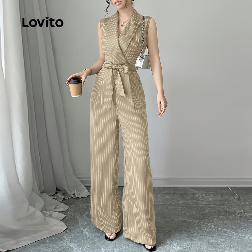Lovito แพทเทิร์นจัมป์สูทลําลองแบบผูกเชือกสําหรับฤดูใบไม้ผลิ/ฤดูร้อนสําหรับผู้หญิง สีคากิ LK4AD415 รูปที่ 5