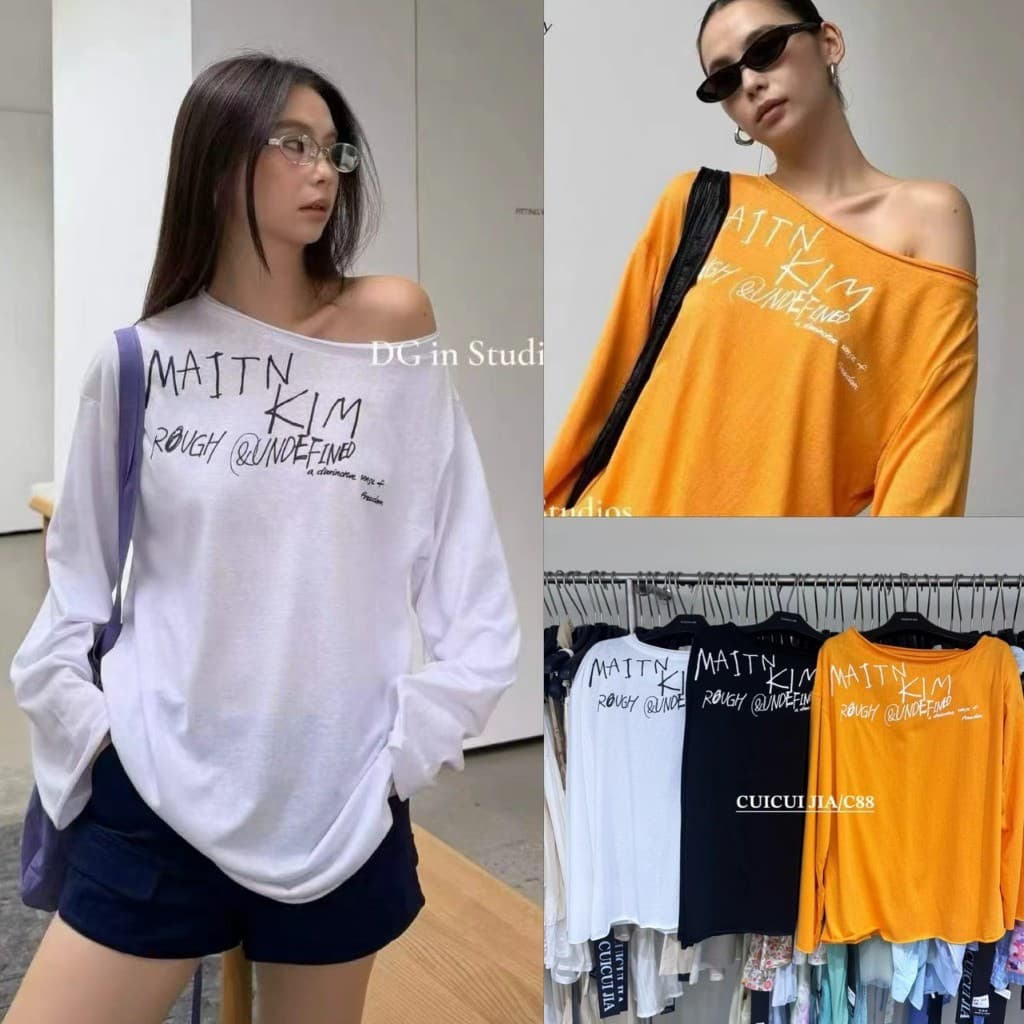 C90487 เสื้อปาดไหล่ทรงโอเวอร์ไซส์ งานเก๋ สกรีนลายสวย ผ้าดีไม่หนาไม่บาง แมทซ์ง่ายค่า แฟชั่นเกาหลี TAG CUI รูปที่ 1