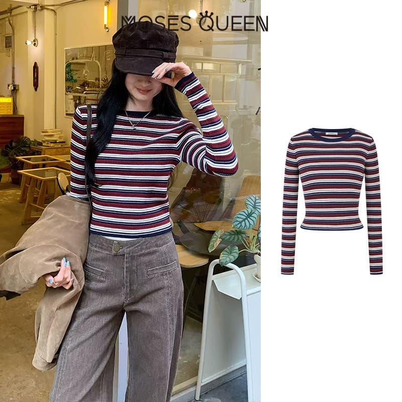 MOSESQUEEN เสื้อสูงสุดแบบคอเปียก ลายเส้นดินเผา รูปแบบสกรีน ผ้าบาง ตัวเตี้ย แขนยาว สำหรับผู้หญิง รูปแบบเรโทร ใส่สบายในชีวิตประจำวัน เหมาะสำหรับเดินทางทั่วเมือง ใช้ได้ทั้งในและนอกบ้าน #59895 รูปที่ 3