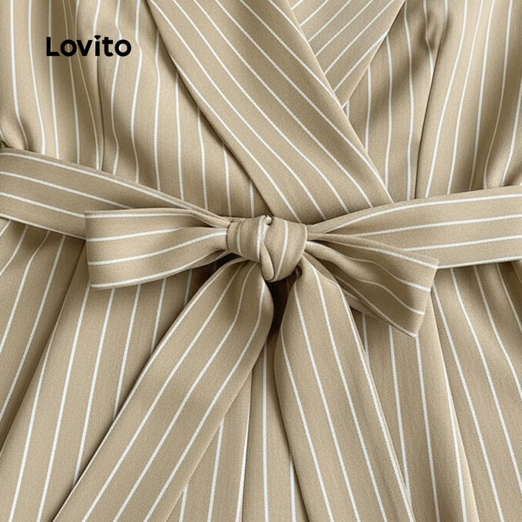 Lovito แพทเทิร์นจัมป์สูทลําลองแบบผูกเชือกสําหรับฤดูใบไม้ผลิ/ฤดูร้อนสําหรับผู้หญิง สีคากิ LK4AD415 รูปที่ 6