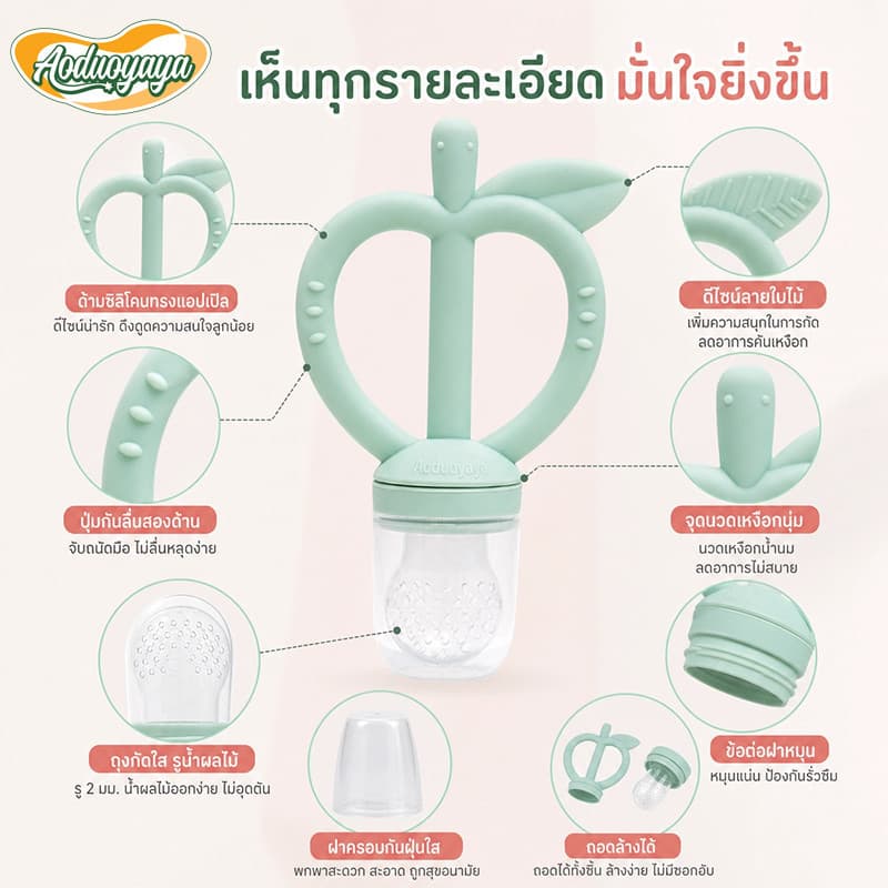 Aoduoyaya จุกกัดซิลิโคนใส่ผลไม้ จุกซิลิโคน ดูดผักผลไม้ แก้ปัญหาลูกคันเหงือก ปลอดภัยไร้สาร BPA รูปที่ 5
