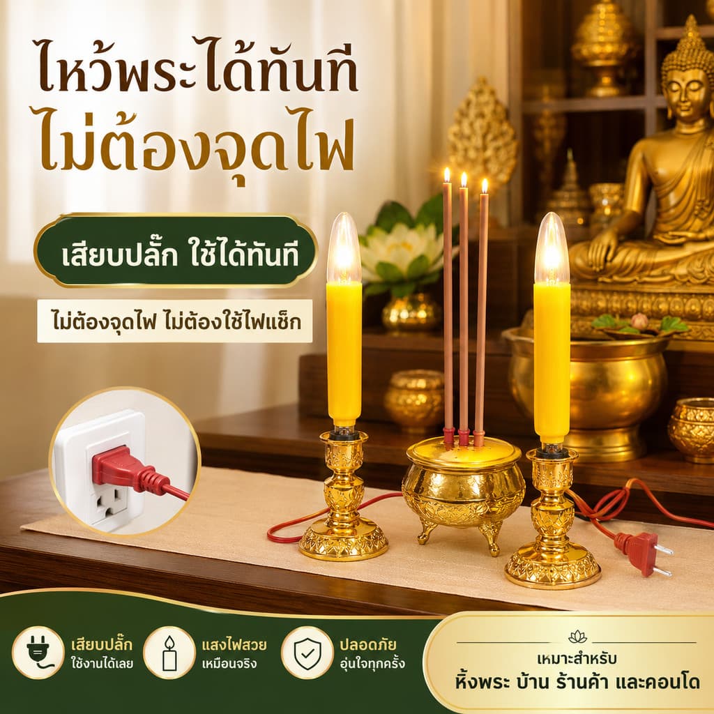 Superlamp ชุด เชิงเทียน ไฟฟ้า ขั้วเขี้ยว B15 พร้อม เทียน ยาว เหลือง 15W 220V รูปที่ 4