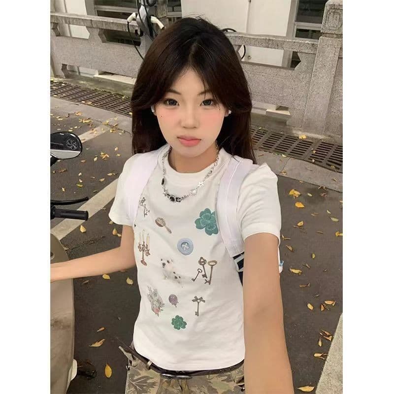 OOOK Officialเสื้อยืดสั้นแขนสั้น ผ้าฝ้าย 100% คอเสื้อตรงจากไหล่ พิมพ์ลายแมวสไตล์รัดรูปเสื้อท่อนบน รูปที่ 7