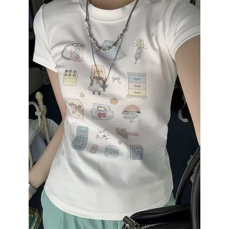 OOOK Officialเสื้อยืดสั้นแขนสั้น ผ้าฝ้าย 100% คอเสื้อตรงจากไหล่ พิมพ์ลายแมวสไตล์รัดรูปเสื้อท่อนบน รูปที่ 8