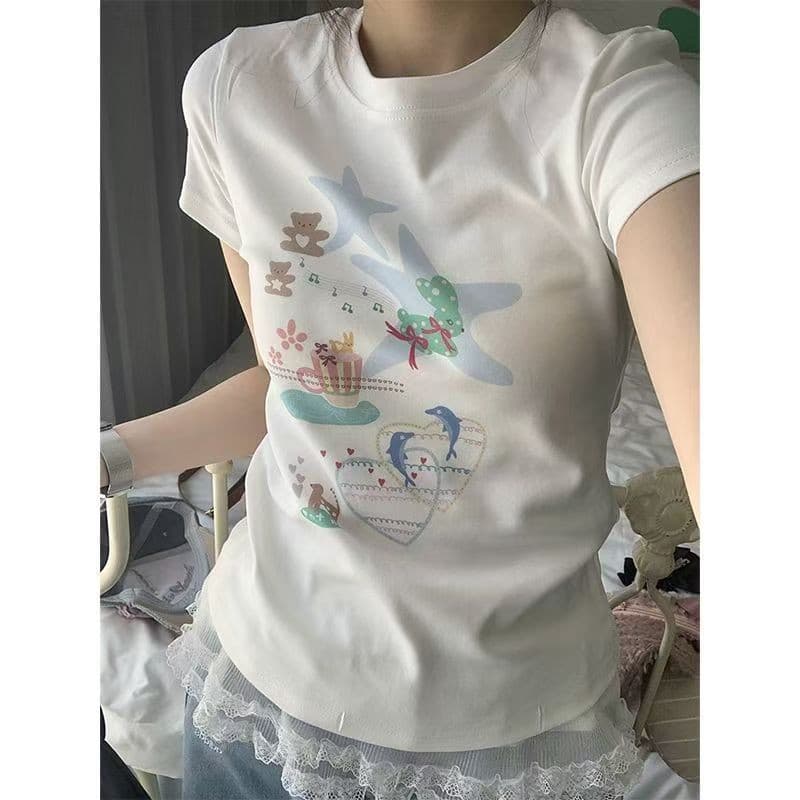 OOOK Officialเสื้อยืดสั้นแขนสั้น ผ้าฝ้าย 100% คอเสื้อตรงจากไหล่ พิมพ์ลายแมวสไตล์รัดรูปเสื้อท่อนบน รูปที่ 9