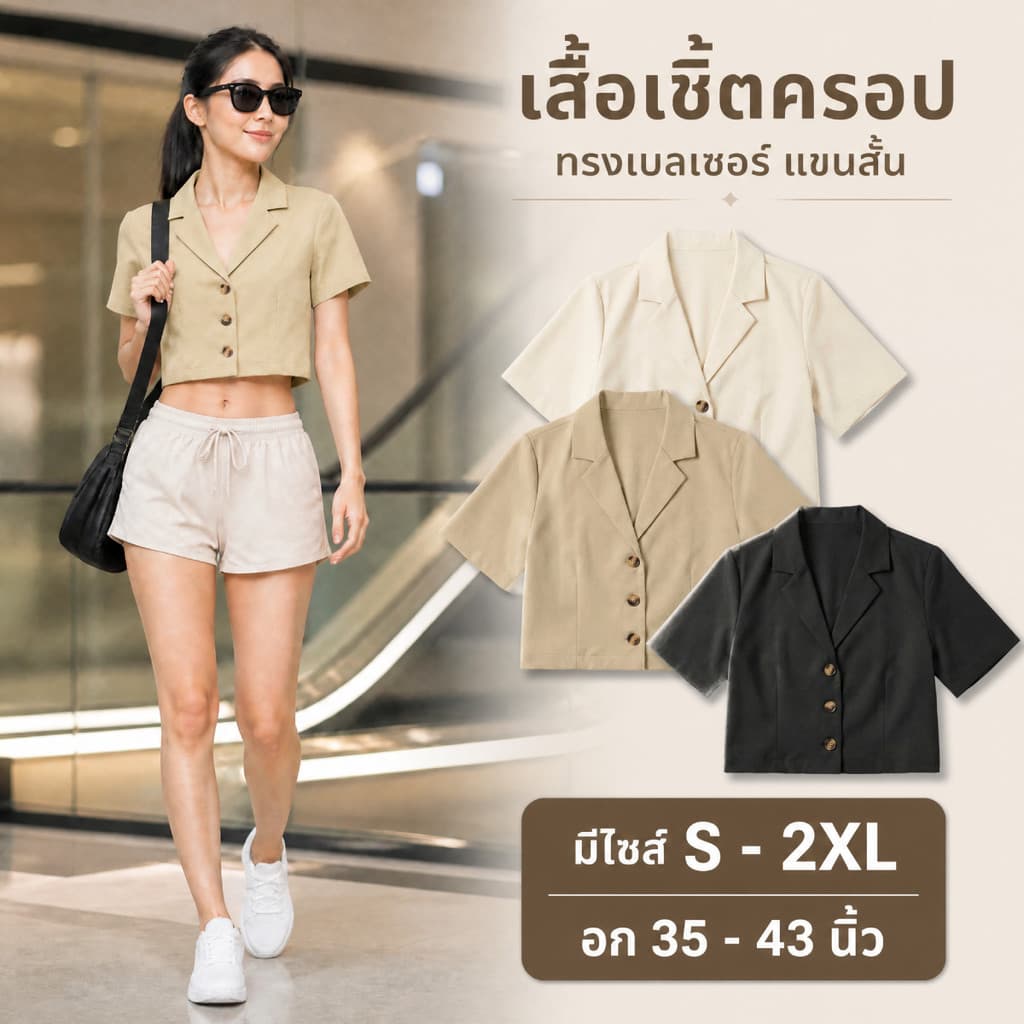 เสื้อครอปเบลเซอร์แขนสั้น S-2XL กระดุม 3 เม็ด มินิมอล ทรงสวย ผ้าคอตตอน สไตล์เกาหลี รูปที่ 1