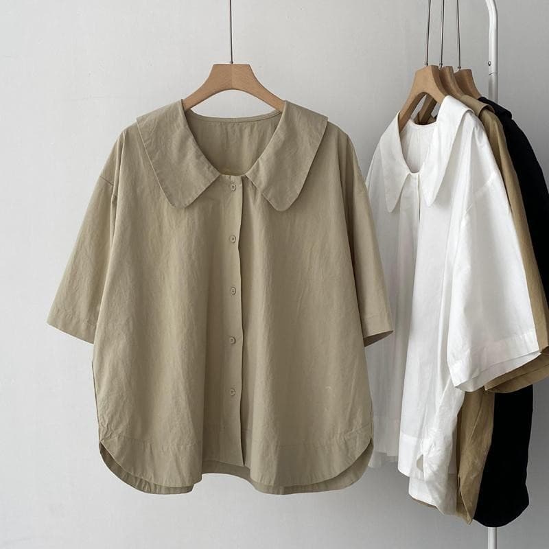 เสื้อโอเวอร์ไซส์สำหรับคนอวบ 40-150 กิโลกรัม สไตล์หวานสำหรับฤดูร้อน คอปกผ่อนคลาย รูปที่ 3