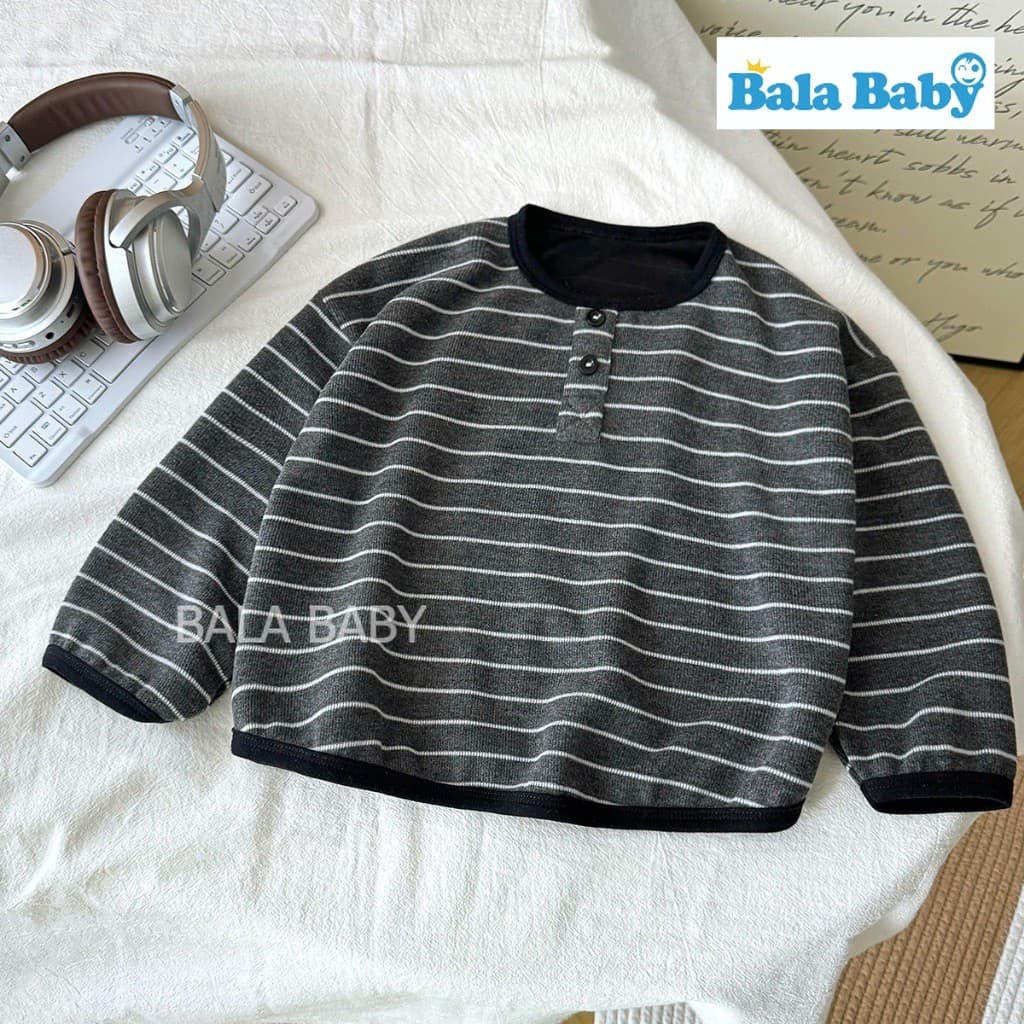 เสื้อยืดแขนยาวเด็ก เสื้อแขนยาวลายทาง สไตล์เกาหลีทรงหลวม แต่งกระดุม 2 เม็ด Size80-120cm CX30 รูปที่ 4