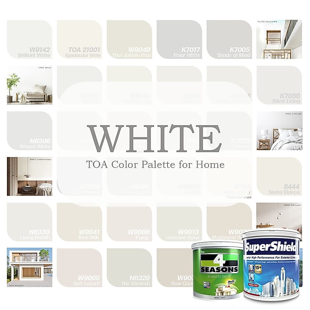 NEW TOA White โทน สีขาว เฉดสีอบอุ่น สีทาภายนอกและภายใน โทนออฟไวท์ ขนาด 1 ลิตร ซุปเปอร์ชิลด์กึ่งเงา โฟร์ซีซั่นส์ภายในด้าน รูปที่ 1