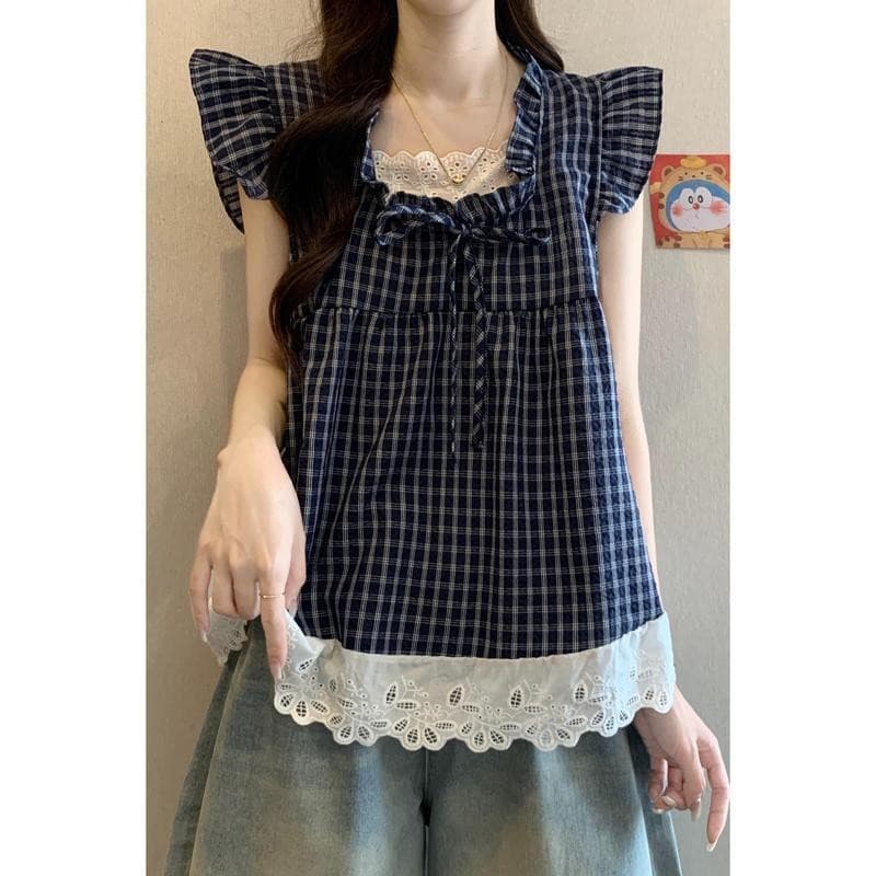 Chili Koko เสื้อเชิ้ตแขนสั้นลายสก๊อตสองชิ้นปลอม OOTD มีไซส์ใหญ่สำหรับผู้หญิงฤดูร้อน ชายเสื้อลูกไม้ เสื้อเด็ก 99172 รูปที่ 5