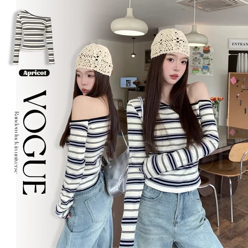 Vogue เสื้อเปิดไหล่แขนยาว ลายทางสีครีมยืดใส่ง่าย เที่ยวทำงานสบาย รูปที่ 1