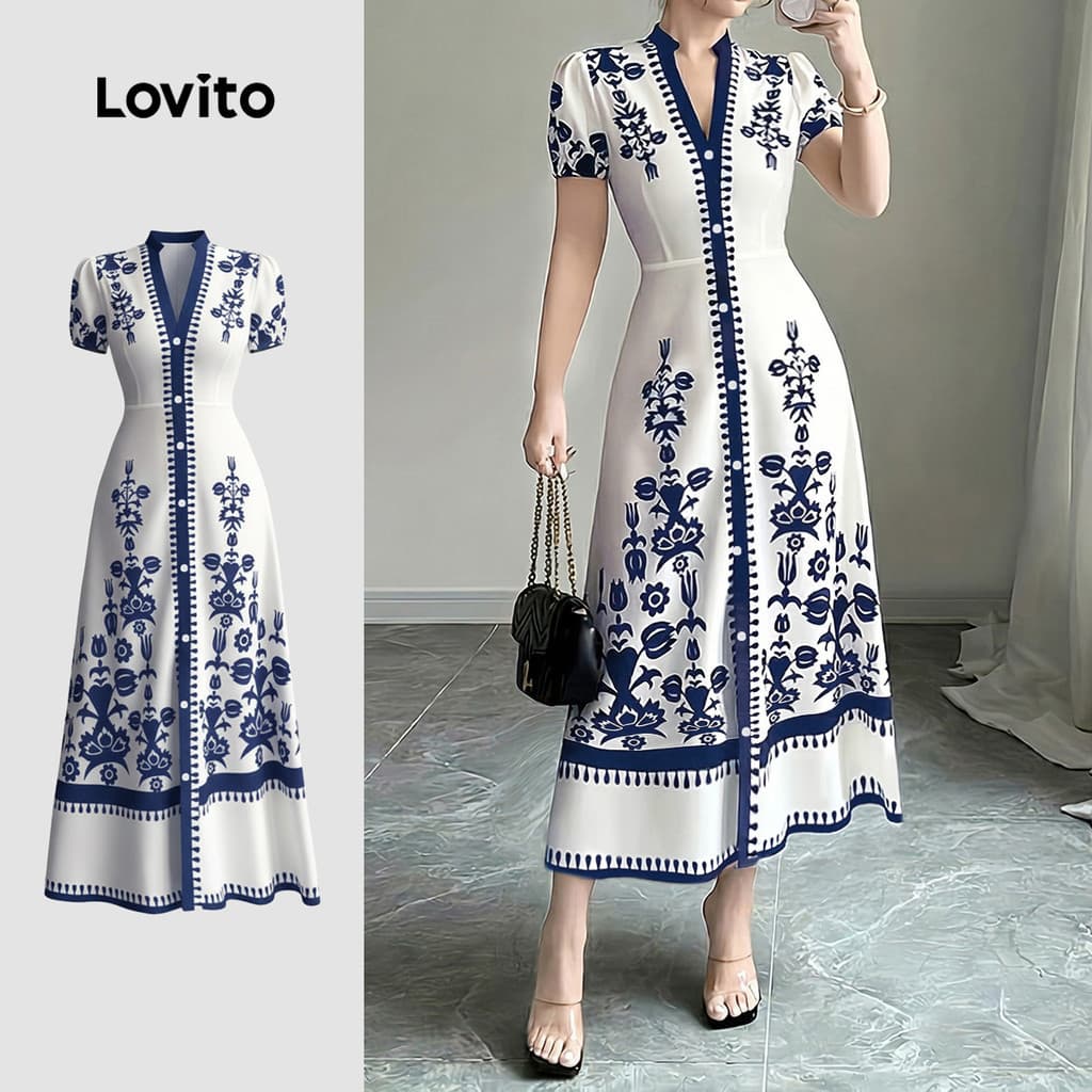 Lovito สง่างาม เดรสผู้หญิงสไตล์รีสอร์ทฤดูร้อนสีฟ้าขาว LK4LD325 รูปที่ 1