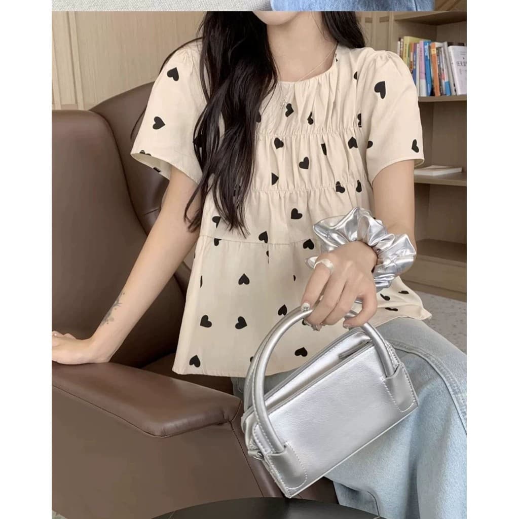 Veewink จากกทม เสื้อเชิ้ตแขนสั้นลายหัวใจ สไตล์ฝรั่งเศส ทรงปุกปุย จีบ ใส่กระชับตัว แฟชั่นเฉพาะ รูปที่ 6