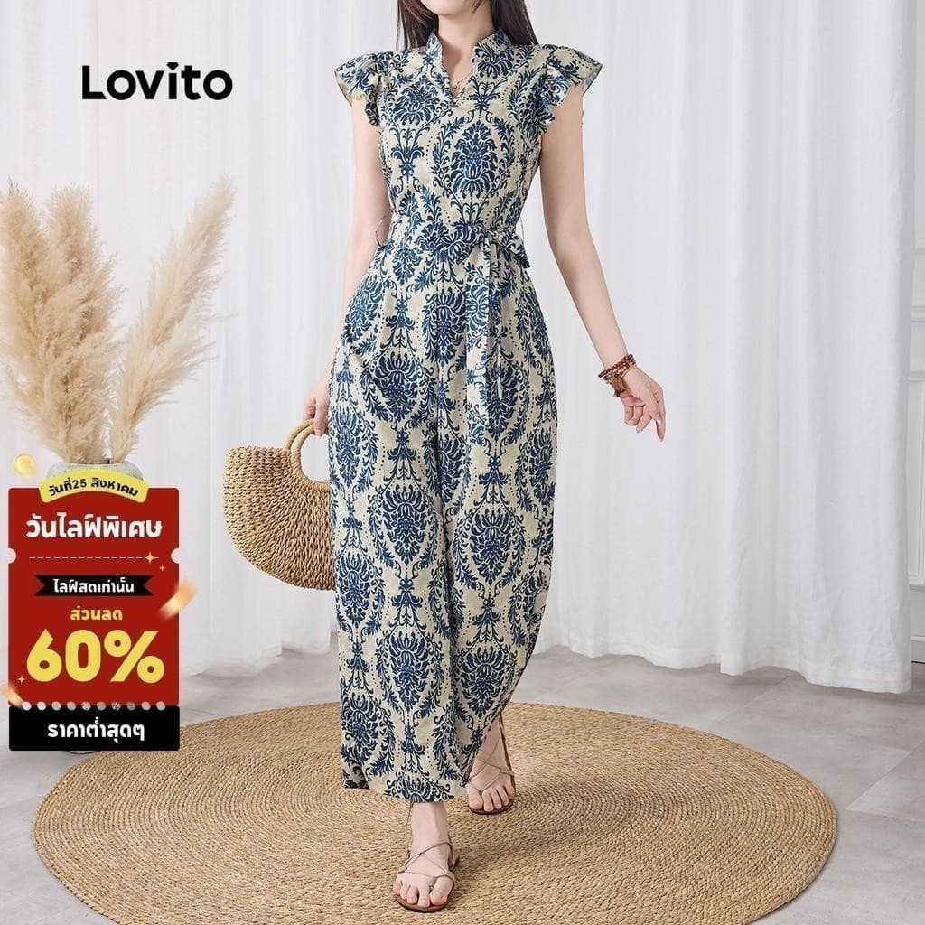 Lovito โบโฮ โบฮีเมียนลายชนเผ่าผูกเชือกซิปจั๊มสูทสําหรับผู้หญิง L133ED204