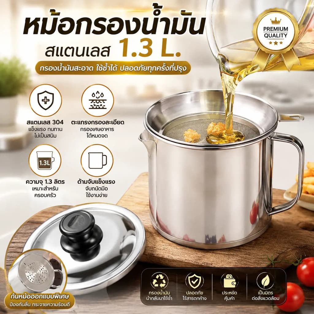 ถ้วยกรองน้ำมัน 1.3L/1.4L หม้อกรองน้ำมัน สเตนเลส ที่กรองน้ำมัน หม้อเก็บน้ำมัน พร้อมตะแกรงกรอง มีฝาปิดและที่จับ รูปที่ 1