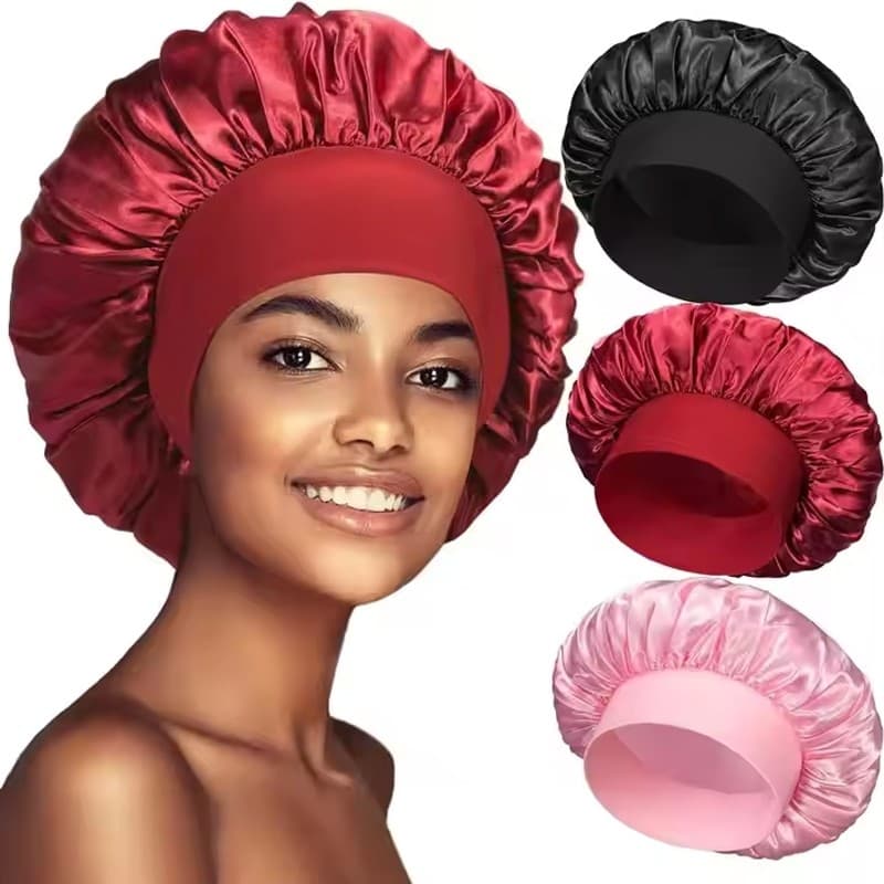 ใหม่ หมวกนอน ผ้าซาติน สีพื้น ดูแลการนอน สําหรับผู้หญิง และผู้ชาย หมวกงาม รูปที่ 5