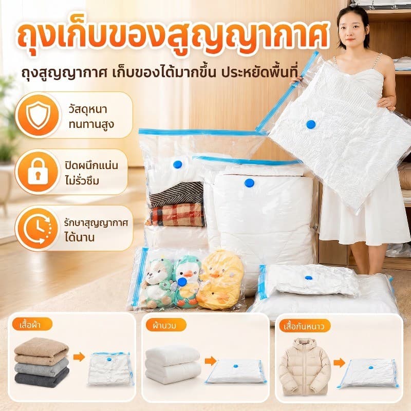 ถุงบีบอัดสูญญากาศ มีหลายขนาดให้เลือก พร้อมปั้มลม การปิดผนึกแบบพิเศษ ป้องกันความชื้นและป้องกันเชื้อร รูปที่ 1