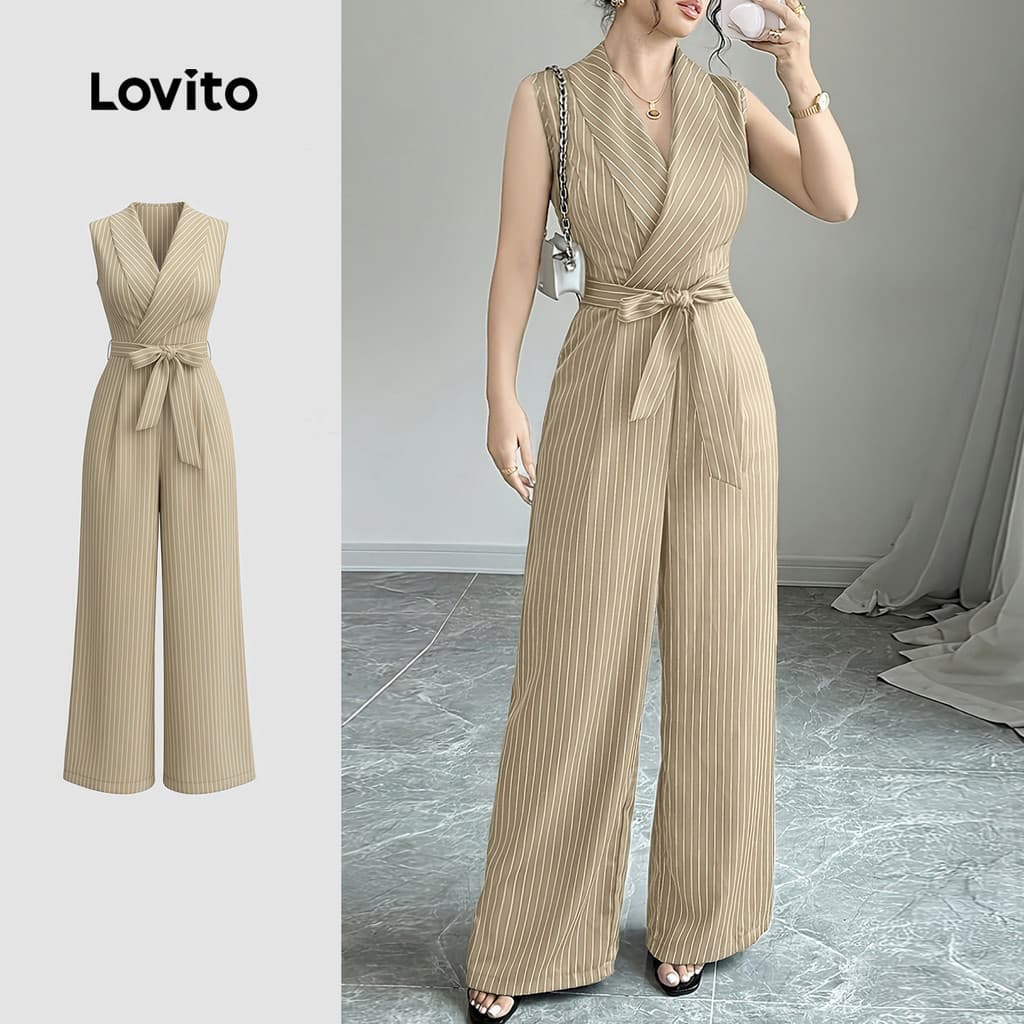 Lovito แพทเทิร์นจัมป์สูทลําลองแบบผูกเชือกสําหรับฤดูใบไม้ผลิ/ฤดูร้อนสําหรับผู้หญิง สีคากิ LK4AD415 รูปที่ 1