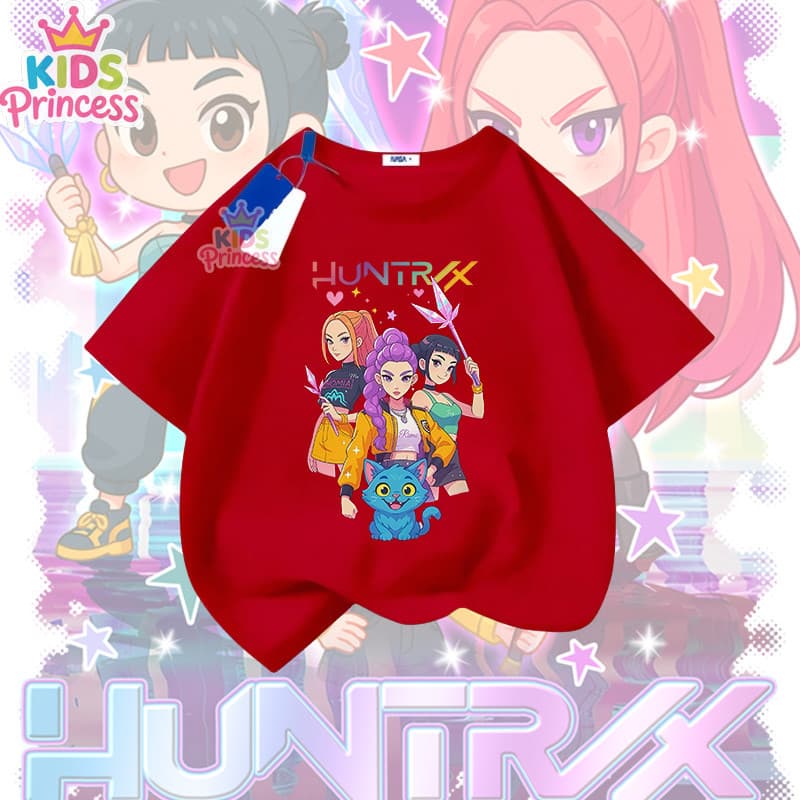 COD Kpop Demon Hunters ผ้าฝ้าย 100% เสื้อเชิ้ต เสื้อยืดสีดำ 90-150CM N382 รูปที่ 4