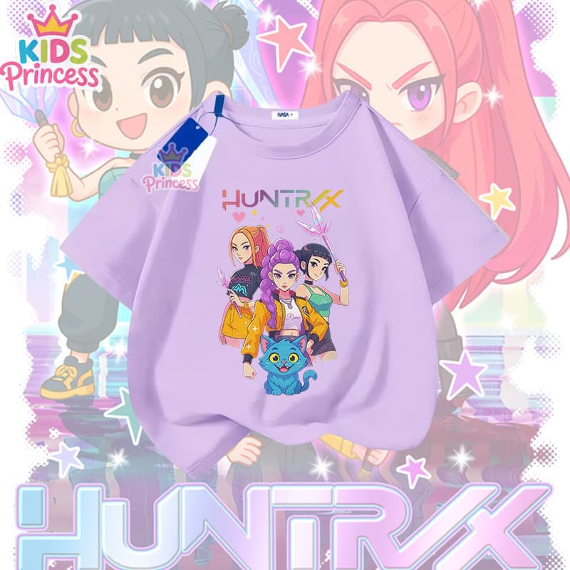 COD Kpop Demon Hunters ผ้าฝ้าย 100% เสื้อเชิ้ต เสื้อยืดสีดำ 90-150CM N382 รูปที่ 2