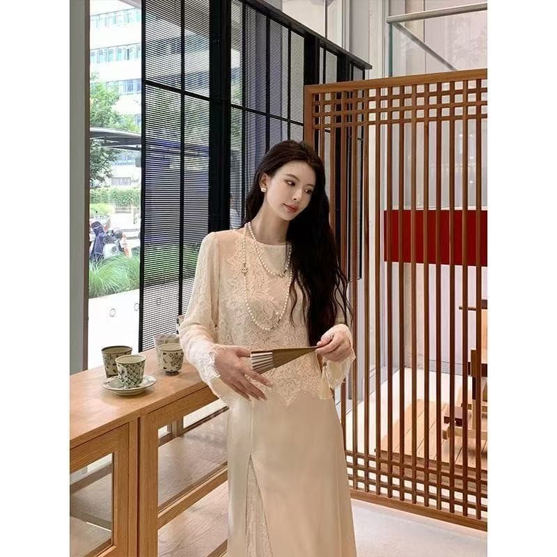 เสื้อลูกไม้แขนยาวสไตล์เกาหลีสำหรับสุภาพสตรี รูปที่ 4