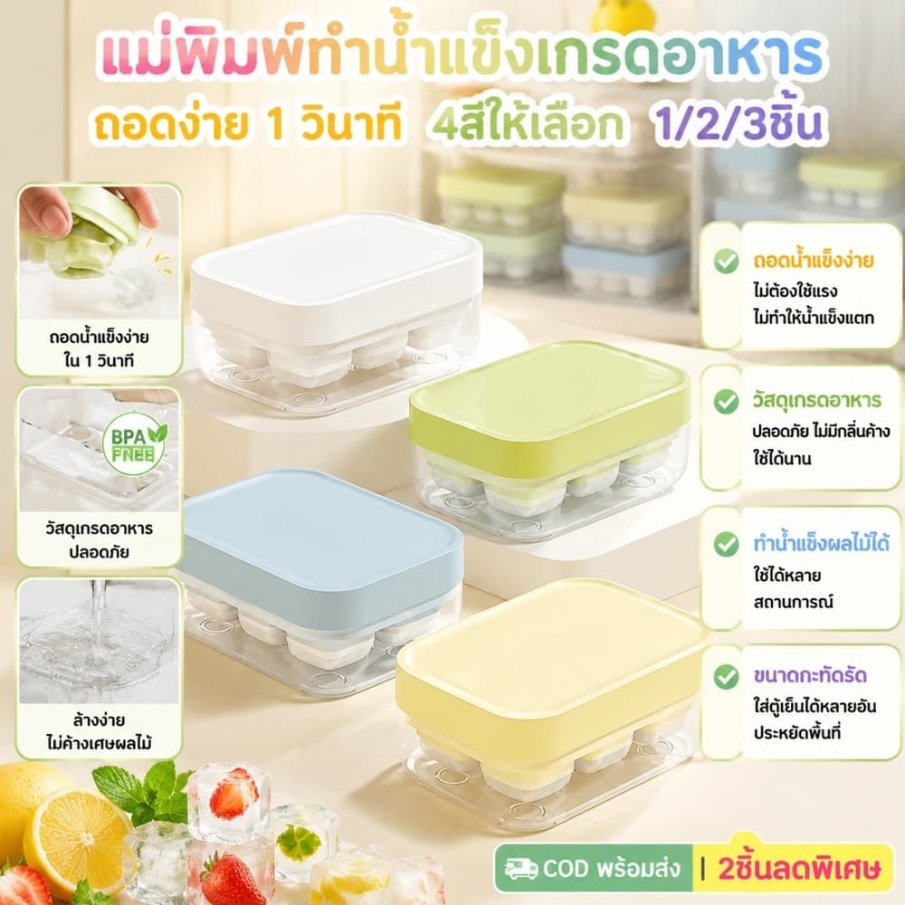 1/2/3 ชิ้น แม่พิมพ์น้ำแข็ง 6 ช่องกดออกง่ายพร้อมฝาฟรีซ เหมาะทำน้ำแข็งใส่กาแฟ น้ำผลไม้ ปาร์ตี้ รูปที่ 1