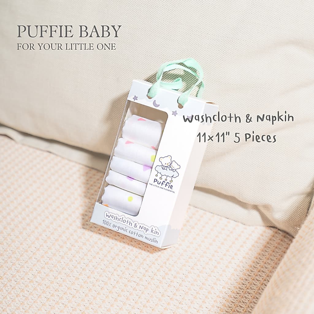 Puffie baby  ผ้าเช็ดหน้า ผ้าเช็ดปากสำหรับเด็ก Napkin&Washcloth ขนาด 11×11" บรรจุ 5 ผืน