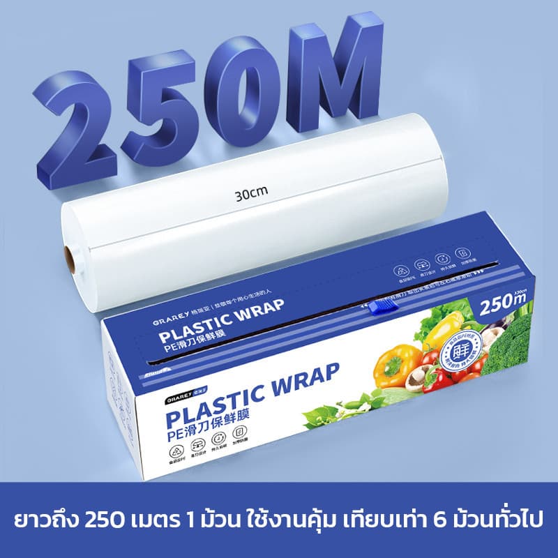 GRAREY พลาสติกห่ออาหาร PE Wrap เกรดอาหาร ชุดฟิล์มห่ออาหาร พร้อมเครื่องตัดพิเศษในกล่อง รูปที่ 8