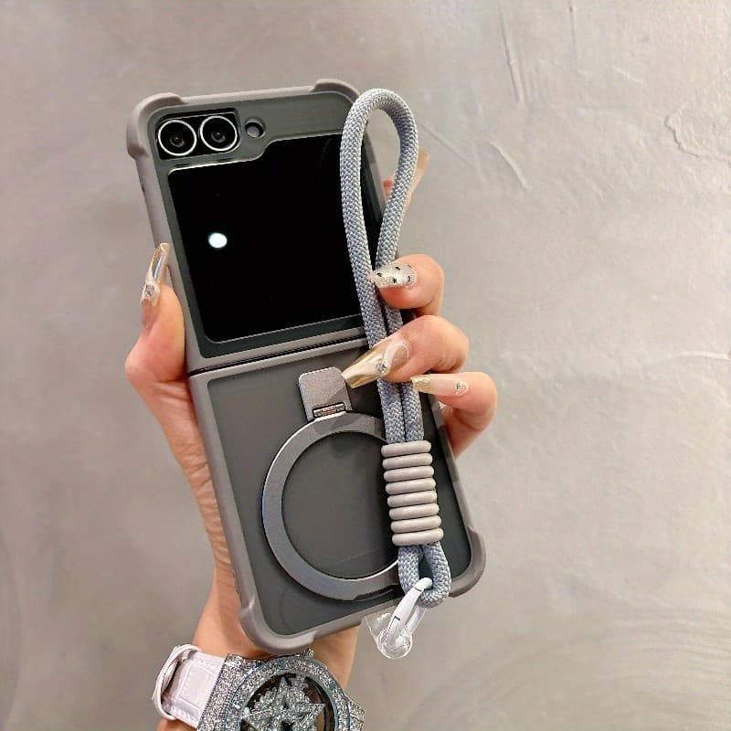 เคสโทรศัพท์กันกระแทกแม่เหล็กสี่มุมพร้อมเชือกเส้นเล็ก Samsung Galaxy Z Flip 7 Flip 6 Flip 5 Z Flip 4/3 ที่วางแหวนโลหะชาร์จไร้สายฝาหลัง รูปที่ 1