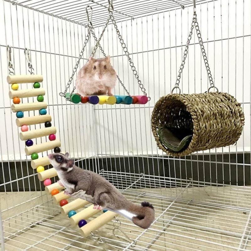 ชุดของเล่นแขวนกรง 3 ชิ้น สำหรับหนูแฮมสเตอร์และกระรอก ประกอบด้วยเปลญวน อุโมงค์ และบันได รูปที่ 1