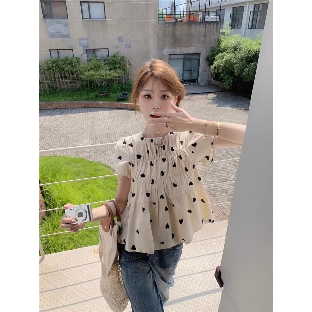 Veewink จากกทม เสื้อเชิ้ตแขนสั้นลายหัวใจ สไตล์ฝรั่งเศส ทรงปุกปุย จีบ ใส่กระชับตัว แฟชั่นเฉพาะ รูปที่ 8
