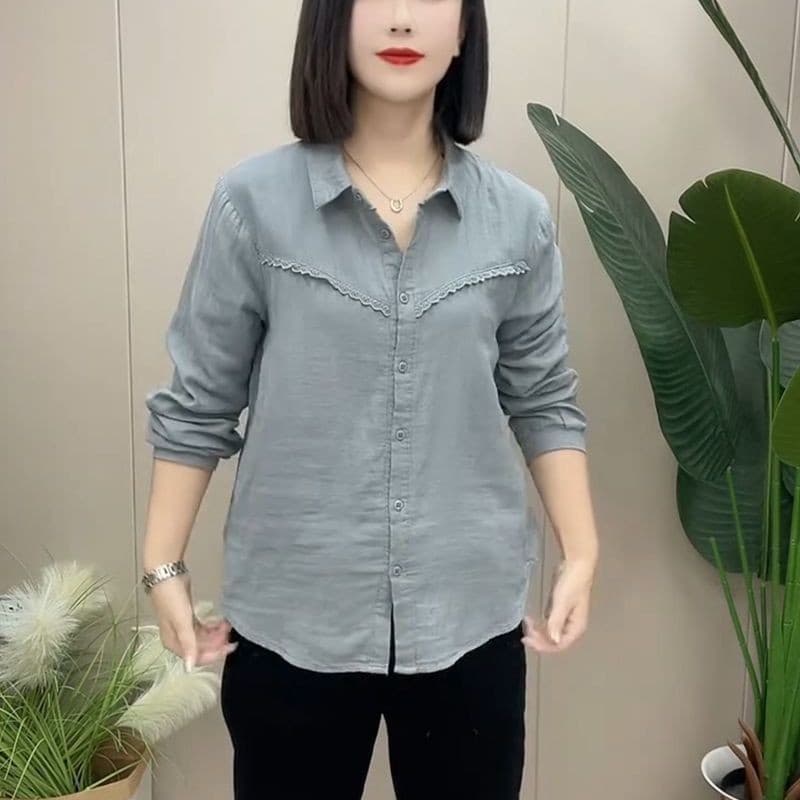 เสื้อโปโลแขนยาวลายลูกไม้ ทรงหลวม สบายตัวแต่ยังคงฟอร์มเรียบร้อย เหมาะสำหรับฤดูใบไม้ผลิและฤดูใบไม้ร่วง รูปที่ 5