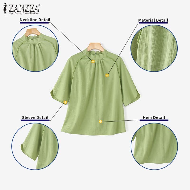 ZANZEA ซานเดียผู้หญิงสไตล์เกาหลี แขนสามส่วน กรีดลูกไม้ สไตล์สบายๆสำหรับทุกวัน รูปที่ 7