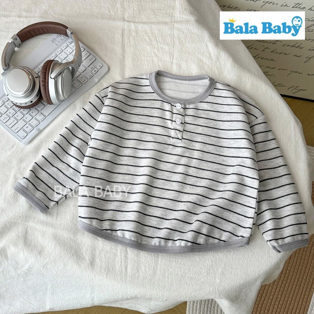 เสื้อยืดแขนยาวเด็ก เสื้อแขนยาวลายทาง สไตล์เกาหลีทรงหลวม แต่งกระดุม 2 เม็ด Size80-120cm CX30 รูปที่ 3