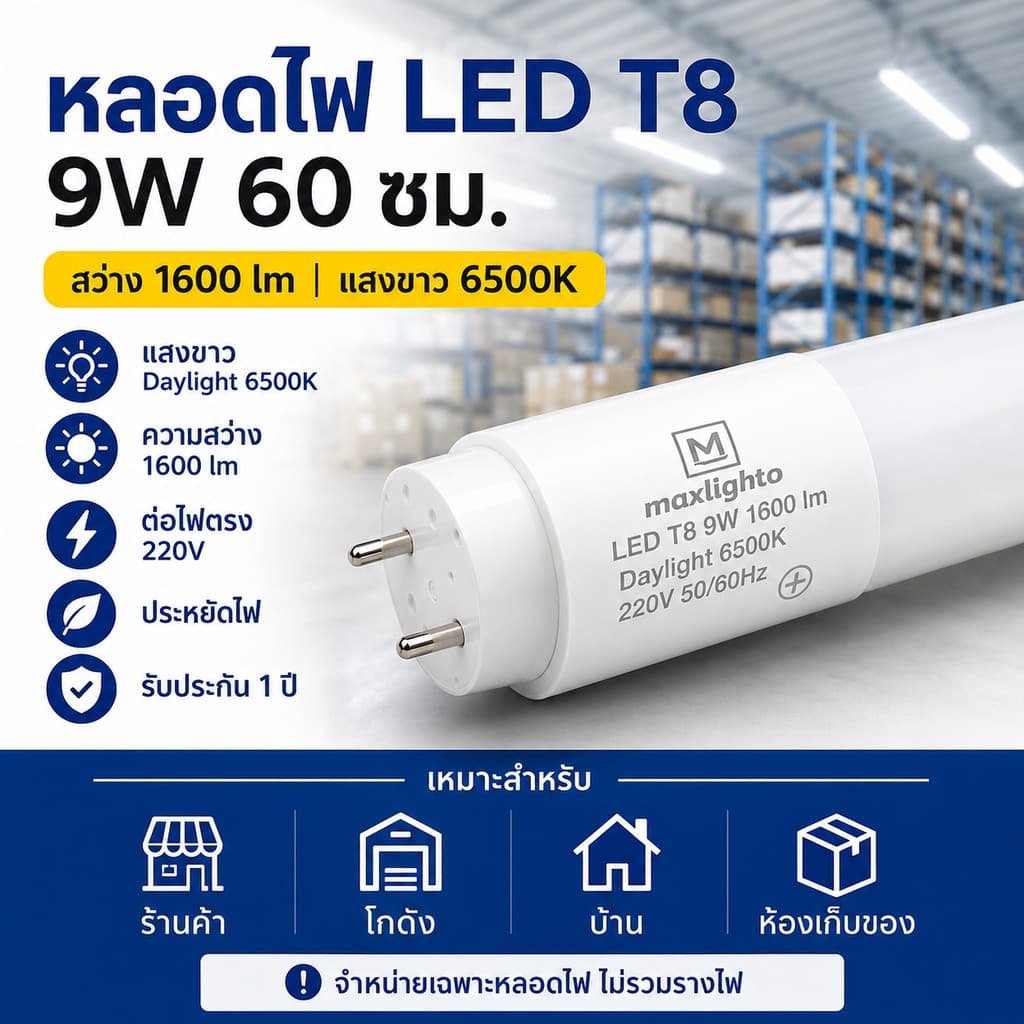 สว่างจัดเต็ม รางไฟพร้อมหลอด LED T8 9W 60ซม. 1600lm แสงขาว 6500K ต่อไฟตรง 220V หลอดนีออน LED พร้อมติดตั้ง รับประกัน 1 ปี รูปที่ 1