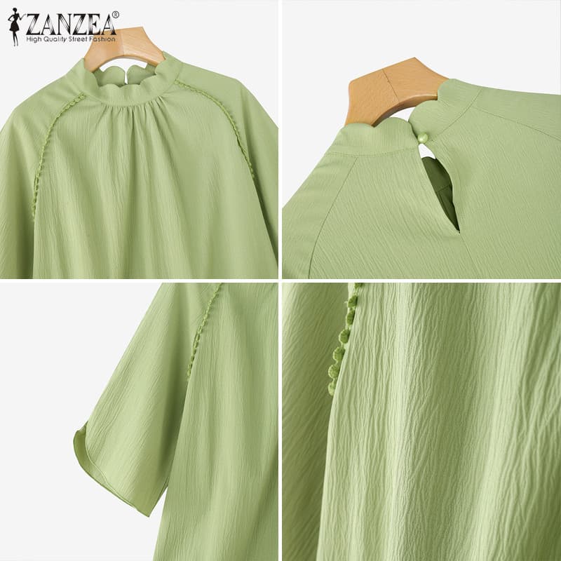 ZANZEA ซานเดียผู้หญิงสไตล์เกาหลี แขนสามส่วน กรีดลูกไม้ สไตล์สบายๆสำหรับทุกวัน รูปที่ 9