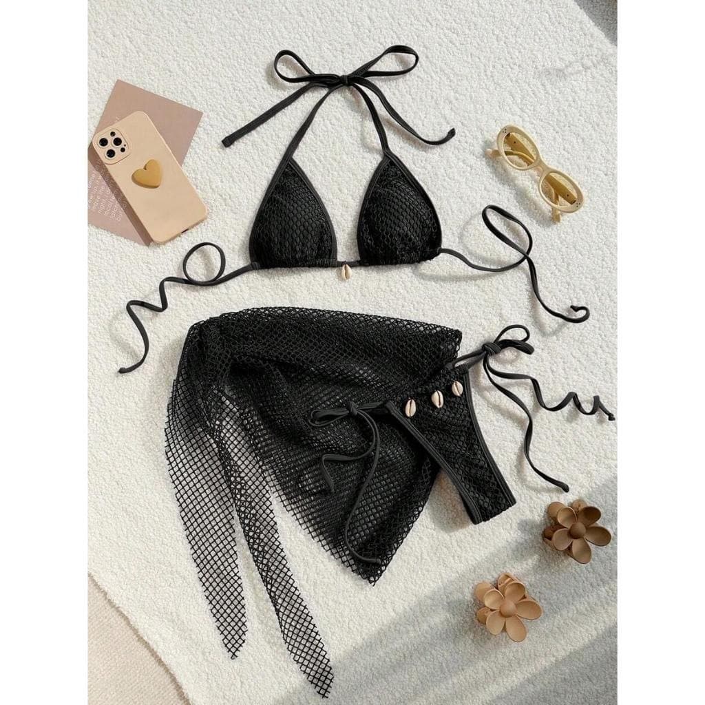 ชุดว่ายน้ำ bikini บิกินี่ 3 ชิ้น sexy ผูกคอ ตกแต่งด้วยเปลือกหอย ชุดว่ายน้ำแฟชั่น มีฟองน้ำ รูปที่ 4
