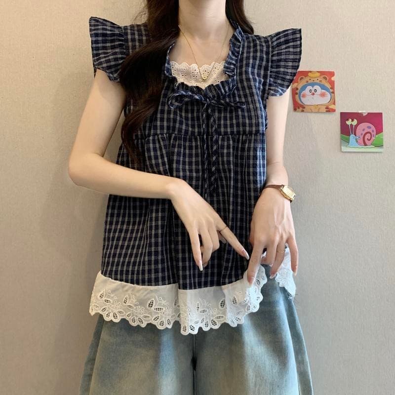 Chili Koko เสื้อเชิ้ตแขนสั้นลายสก๊อตสองชิ้นปลอม OOTD มีไซส์ใหญ่สำหรับผู้หญิงฤดูร้อน ชายเสื้อลูกไม้ เสื้อเด็ก 99172 รูปที่ 2