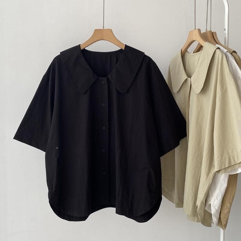 เสื้อโอเวอร์ไซส์สำหรับคนอวบ 40-150 กิโลกรัม สไตล์หวานสำหรับฤดูร้อน คอปกผ่อนคลาย รูปที่ 1
