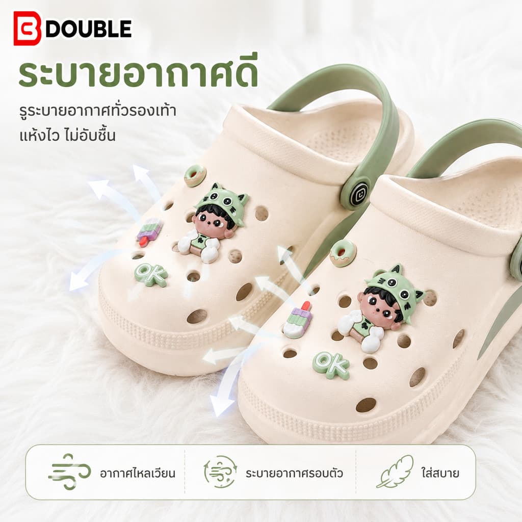 BB Double รองเท้าแตะ EVA หัวปิด สายรัดส้นสีเขียว แต่งการ์ตูนน่ารัก ใส่ได้ 2 แบบ นุ่มเบา กันลื่น ระบายอากาศ ผู้หญิง รูปที่ 5