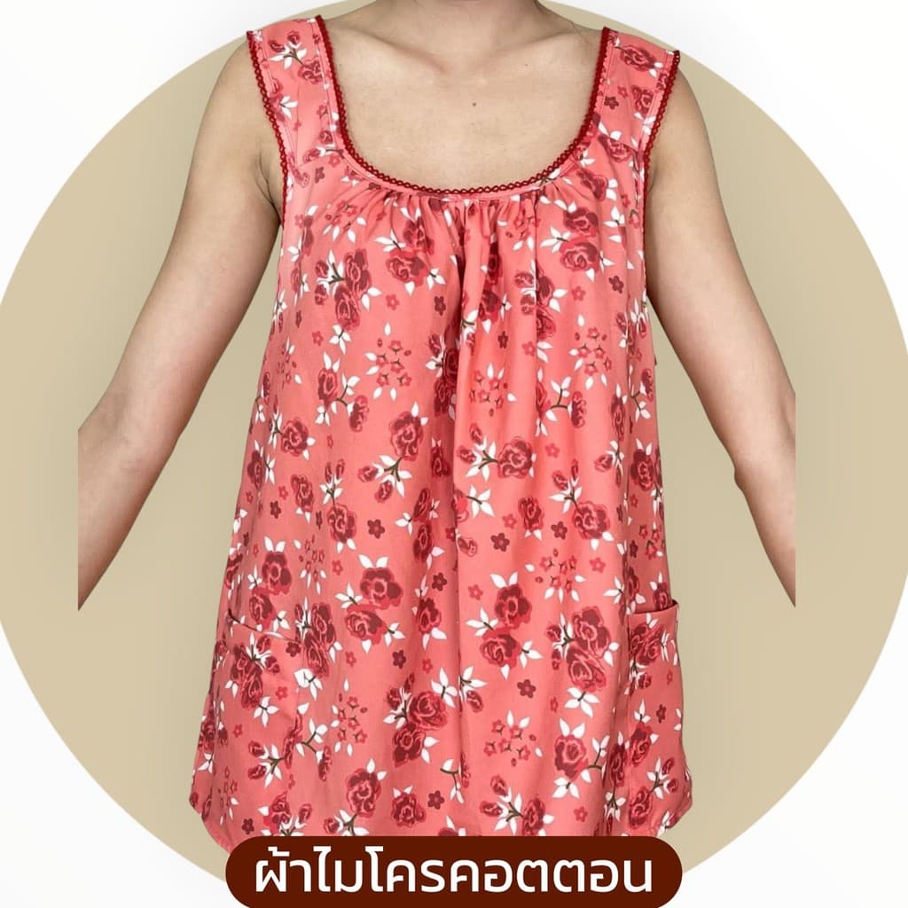 เสื้อคอกระเช้า แบบคอถัก ลายโรส ผ้าไมโคร มีกระเป๋า 2 ข้าง 1ข้างมีซิป G01 รูปที่ 5