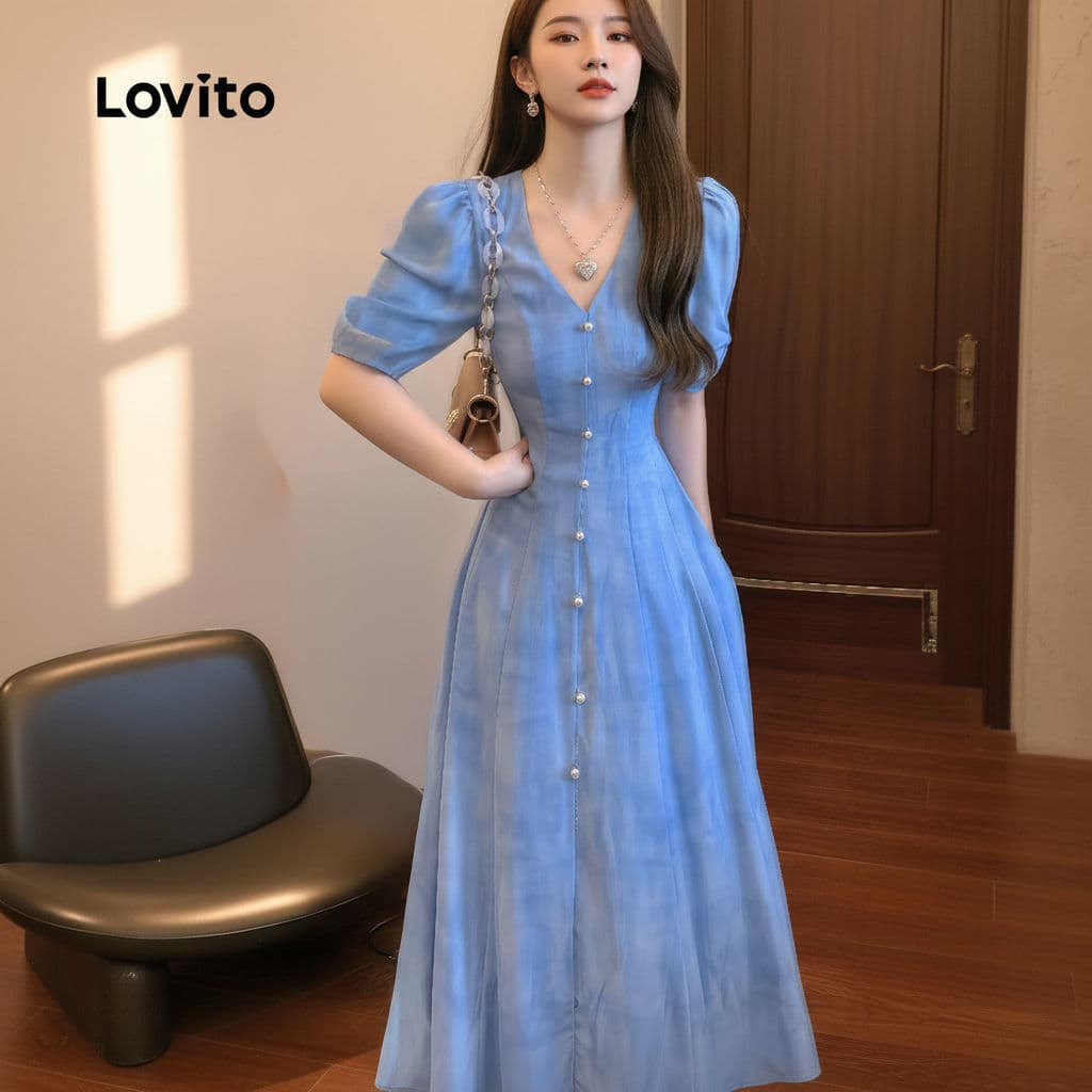 Lovito สง่างาม ชุดเดรสลําลองติดกระดุม สําหรับผู้หญิง สีฟ้า แฟชั่นฤดูใบไม้ผลิ ฤดูร้อน L158AD190 รูปที่ 1