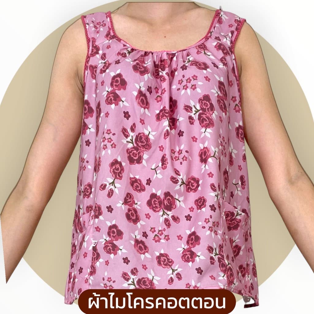 เสื้อคอกระเช้า แบบคอถัก ลายโรส ผ้าไมโคร มีกระเป๋า 2 ข้าง 1ข้างมีซิป G01 รูปที่ 6