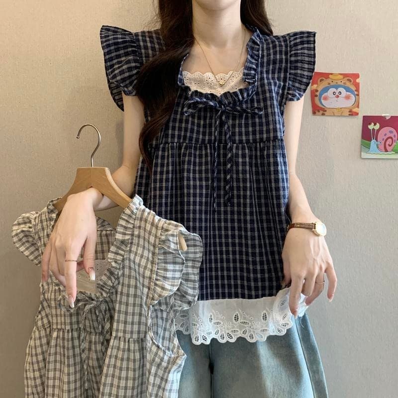 Chili Koko เสื้อเชิ้ตแขนสั้นลายสก๊อตสองชิ้นปลอม OOTD มีไซส์ใหญ่สำหรับผู้หญิงฤดูร้อน ชายเสื้อลูกไม้ เสื้อเด็ก 99172
