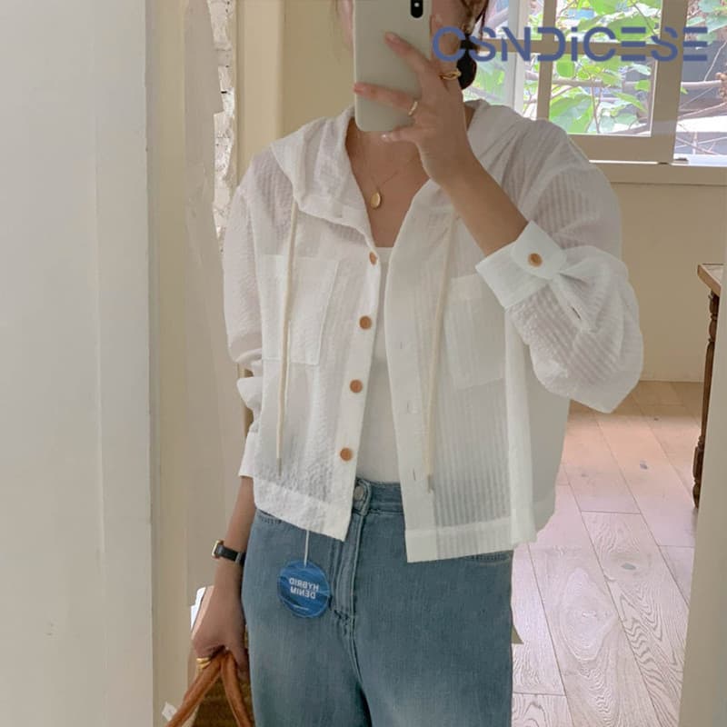 เสื้อเชิ้ตลายทางอเนกประสงค์ฤดูร้อน เสื้อตัวสั้นลำลอง เสื้อแขนยาวทรงหลวมมีฮู้ด รูปที่ 3