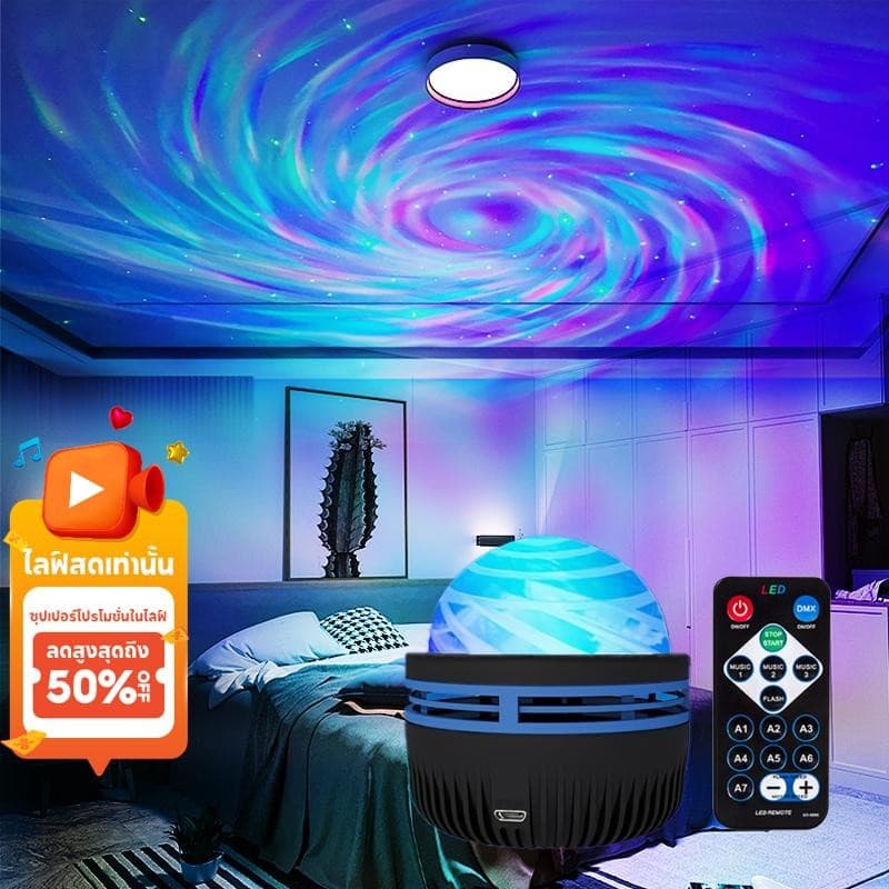 ไฟโปรเจคเตอร์เสียงดนตรีหมุนได้ LED RGB โปรเจคเตอร์หลากสีสำหรับห้องนั่งเล่นและโคมไฟบรรยากาศข้างเตียง รูปที่ 1