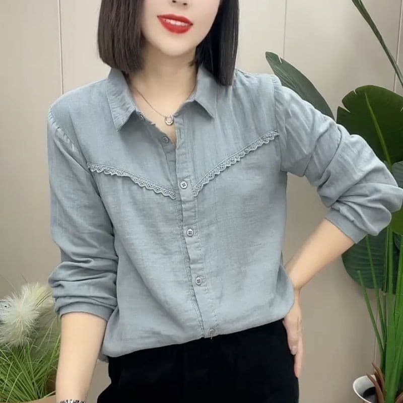 เสื้อโปโลแขนยาวลายลูกไม้ ทรงหลวม สบายตัวแต่ยังคงฟอร์มเรียบร้อย เหมาะสำหรับฤดูใบไม้ผลิและฤดูใบไม้ร่วง รูปที่ 3