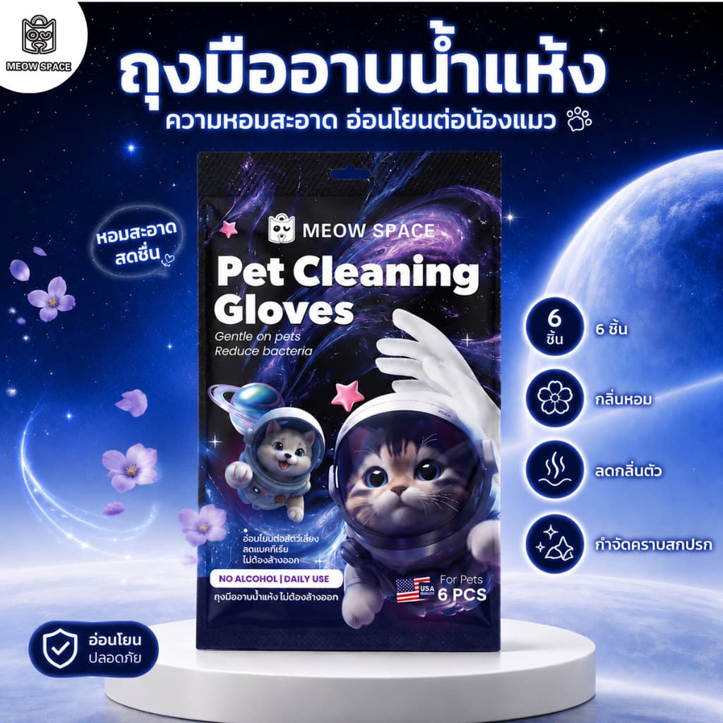 MEOW SPACE ถุงมืออาบน้ำแห้งสัตว์เลี้ยง 6 แผ่น ถุงมืออาบน้ำแห้ง มีกลิ่นหอม เช็ดทำความสะอาดตัวสัตว์เลี้ยง รูปที่ 1