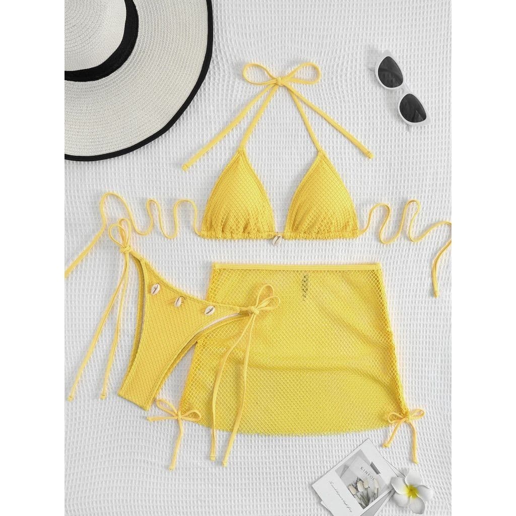ชุดว่ายน้ำ bikini บิกินี่ 3 ชิ้น sexy ผูกคอ ตกแต่งด้วยเปลือกหอย ชุดว่ายน้ำแฟชั่น มีฟองน้ำ รูปที่ 3