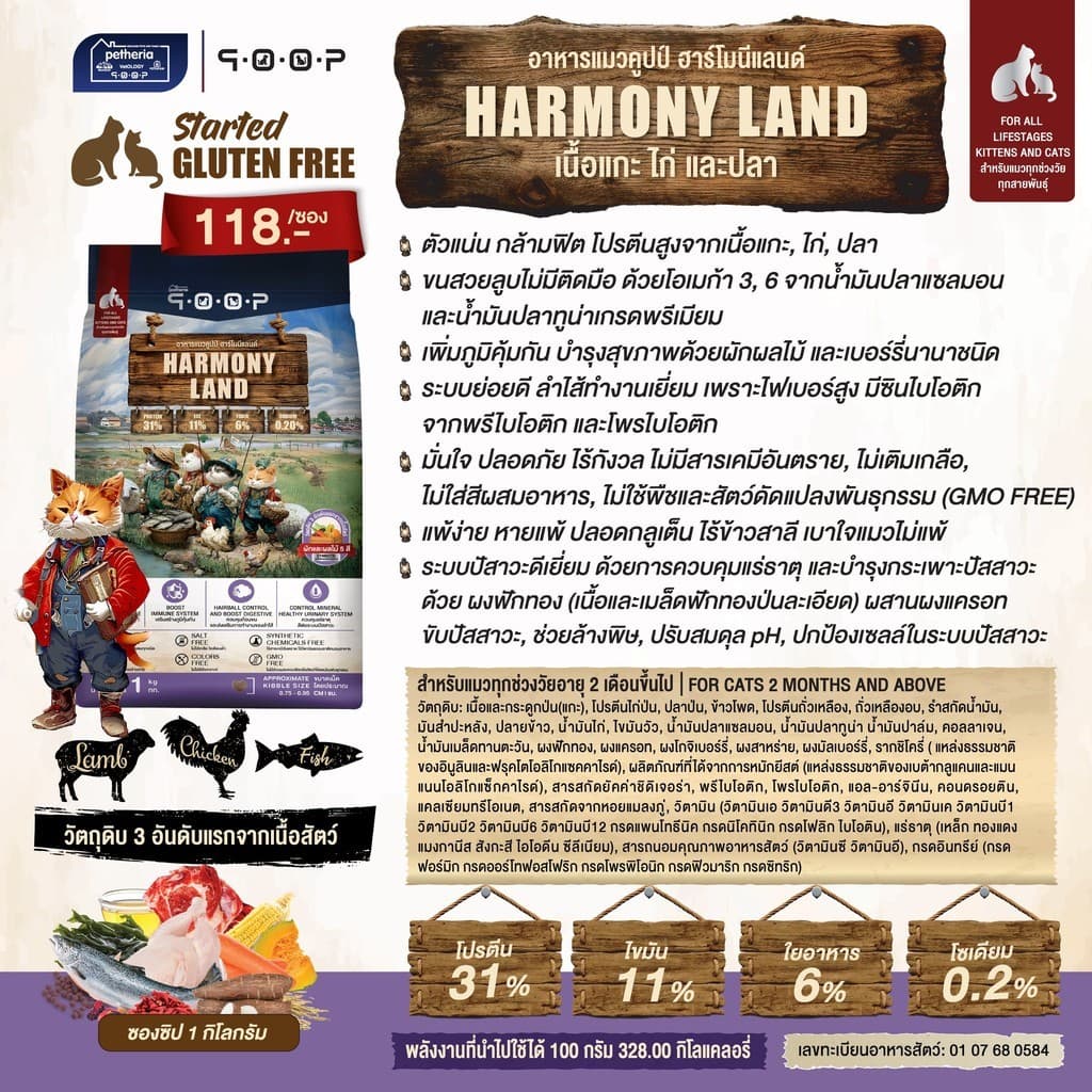 qoop อาหารแมวคูปป์ ผลิตจากเนื้อสัตว์แท้ เพื่อสุขภาพน้องแมว ไม่มีกลูเตน ขนาด 1 Kg รูปที่ 2